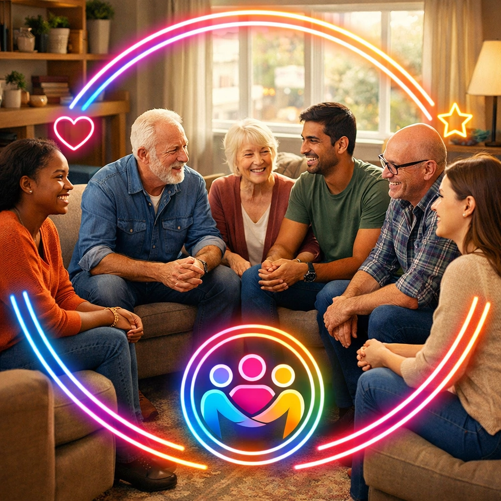 Diverse support group meeting in circle at home for crossdressers and trans women