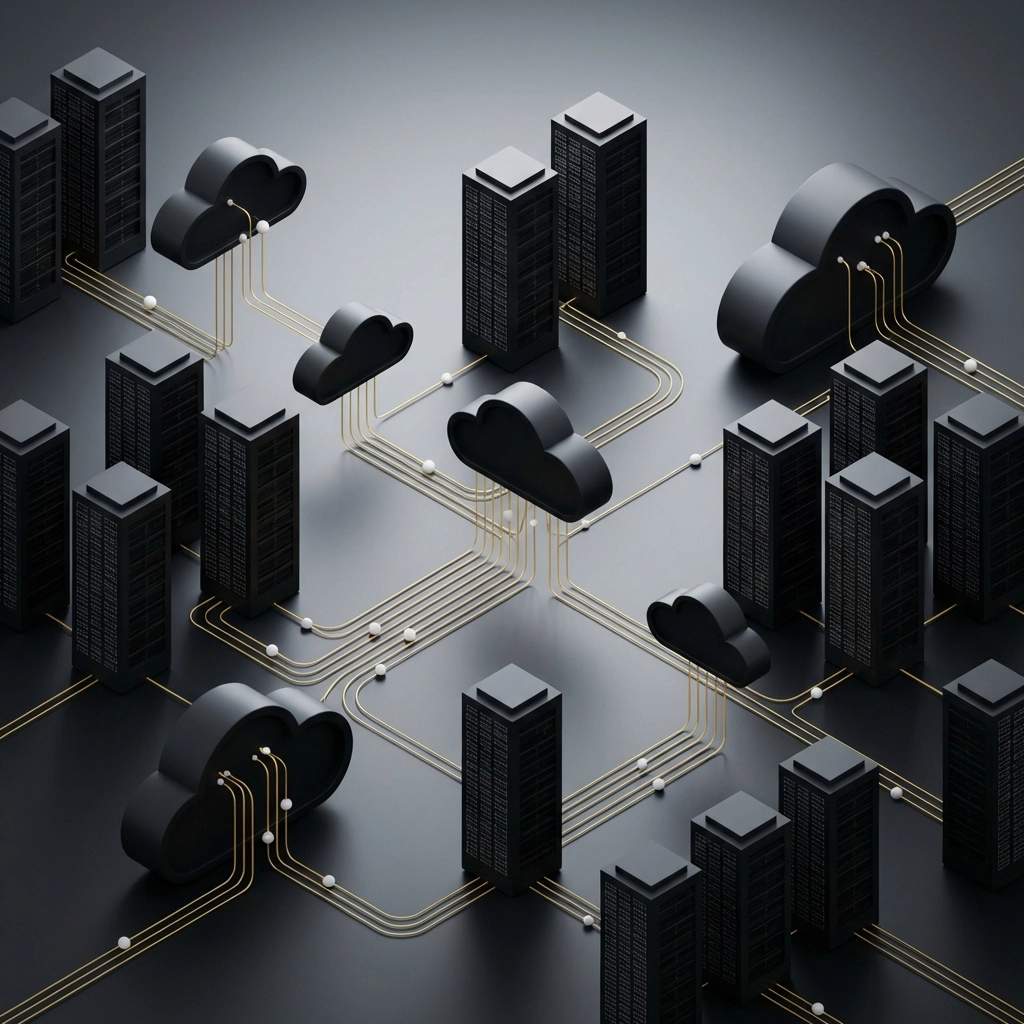 Interconnected server towers and cloud icons visualizing modern IT infrastructure, cloud strategy, and uptime.
