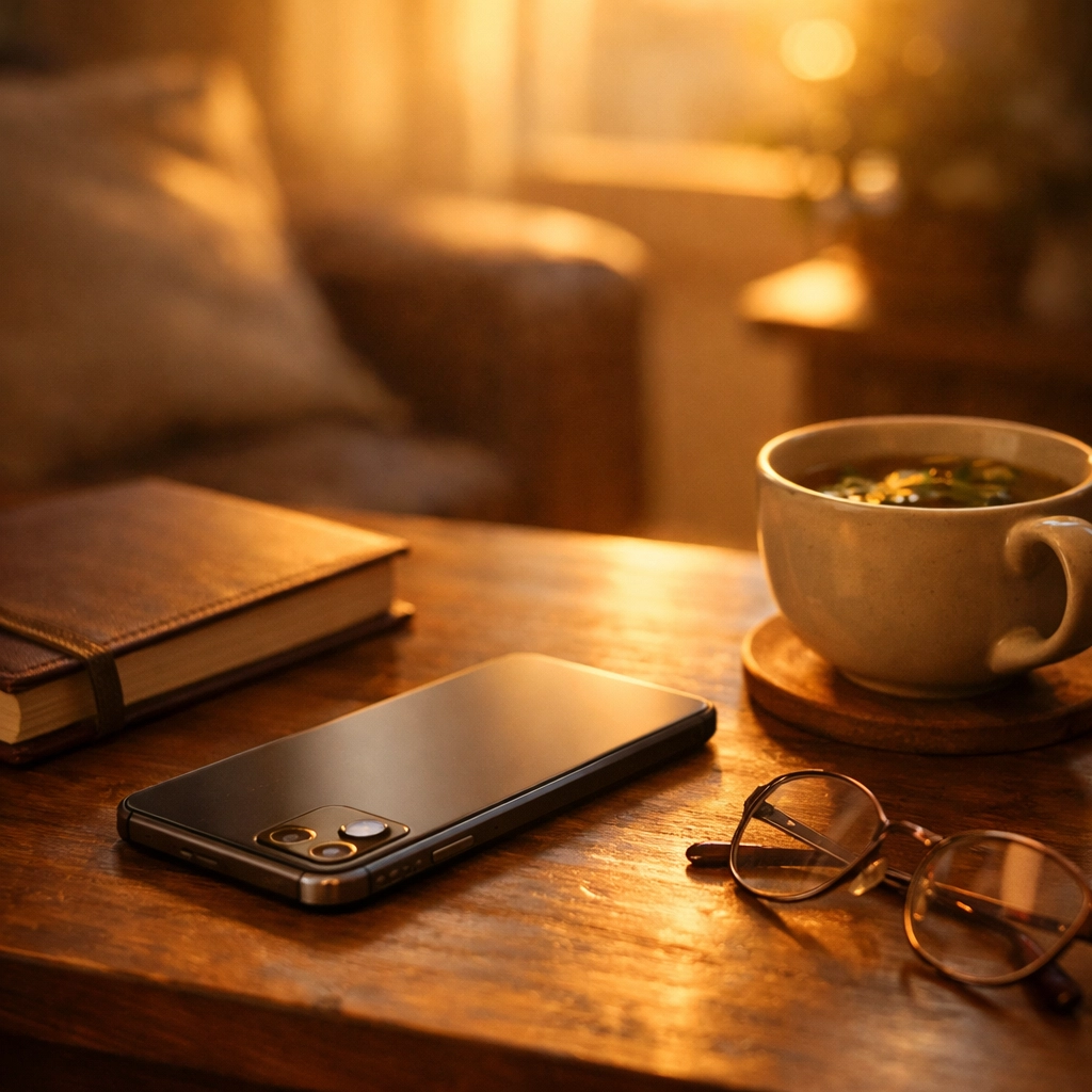 Phone face-down with journal and tea representing unplugged evening routine and information boundaries