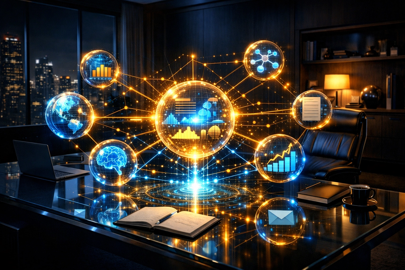 Holographic data nodes representing AI search summaries and citation authority for B2B brands