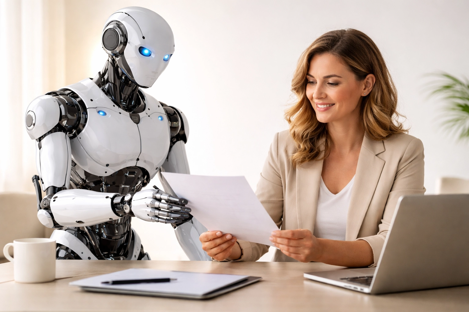 HR professional collaborates with AI assistant at a desk, showing balanced human and AI HR support for small businesses.