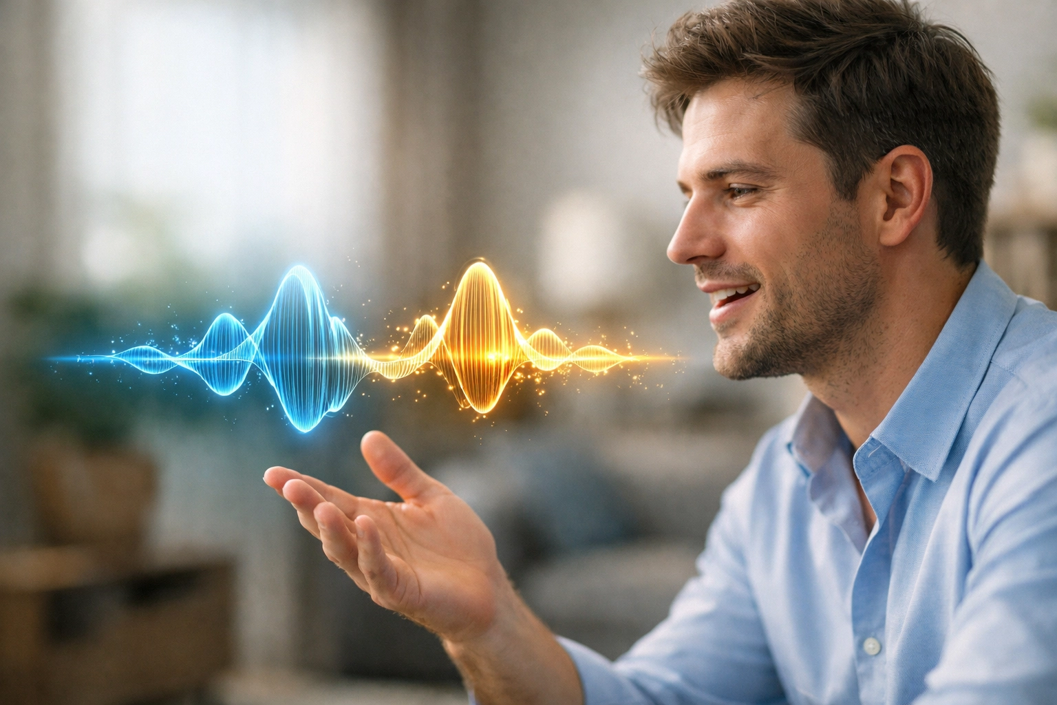 A person interacting with a voice-activated AI assistant interface in a modern home.