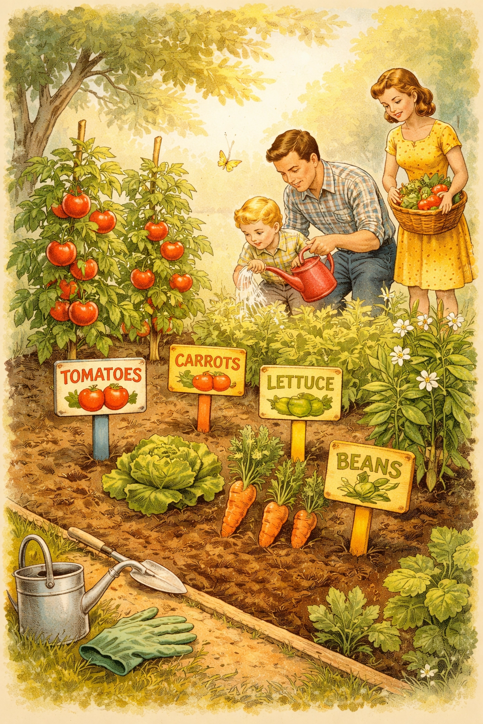 Family gardening scene with colorful DIY garden markers in vegetable patch, perfect for kids and parents