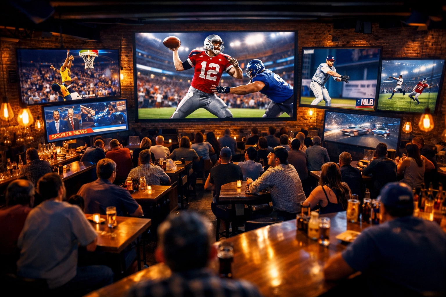 Digital screens displaying sports content in modern sports bar with engaged patrons