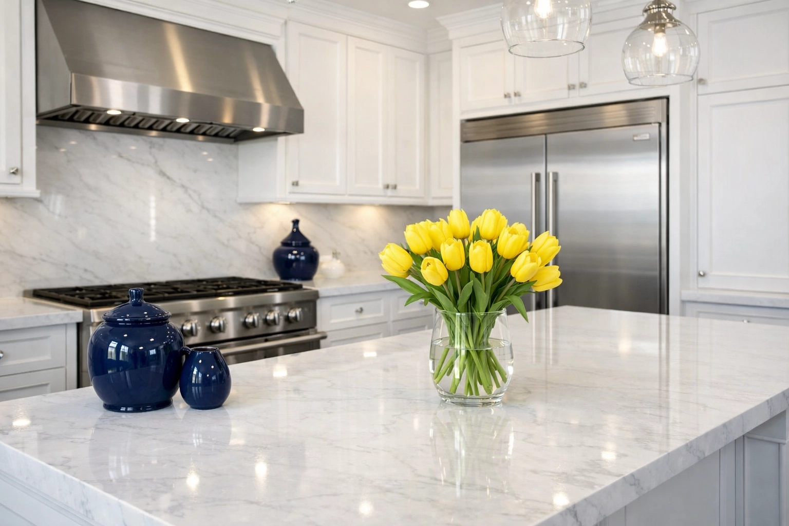 A pristine, sanitized kitchen with white cabinets, showcasing deep house cleaning for seniors.