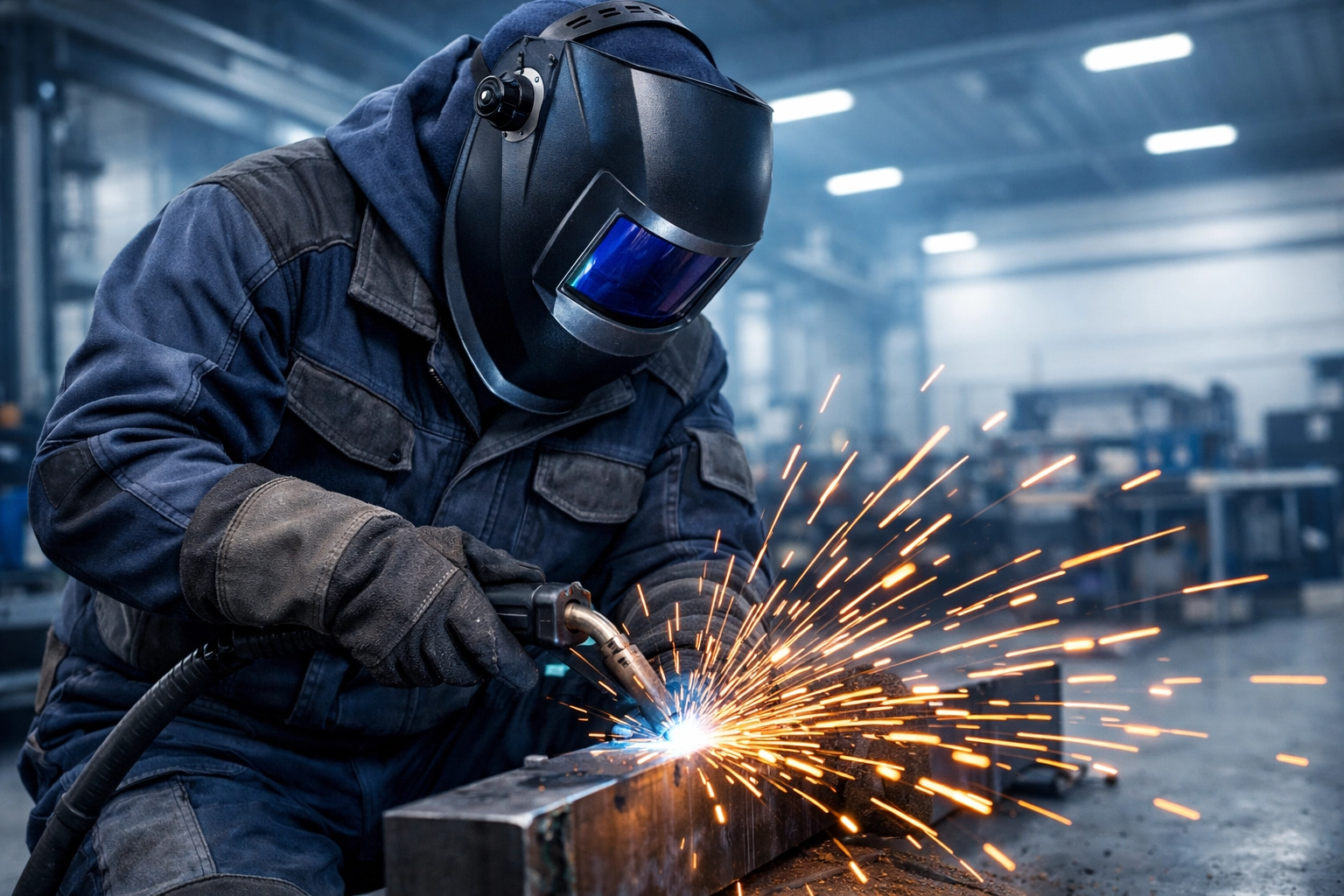 Welder in protective workwear compliant with EN ISO 11611 welding safety standards.