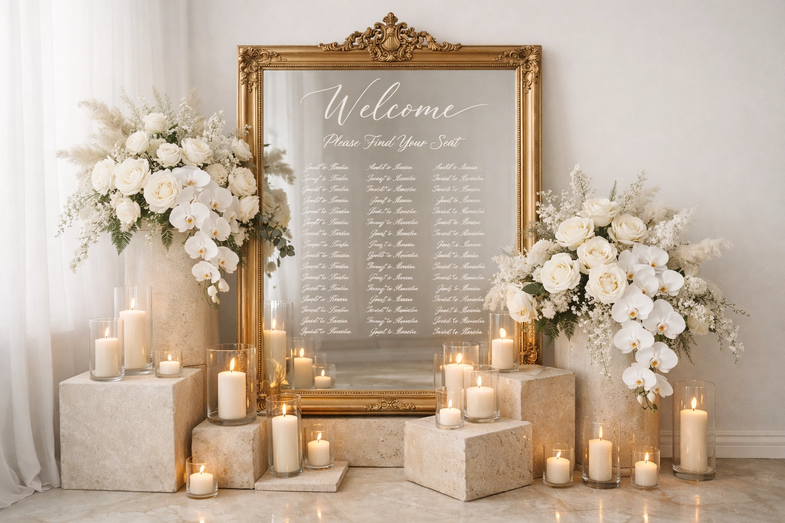 Polished modern welcome mirror seating chart with sophisticated white florals and candlelight.