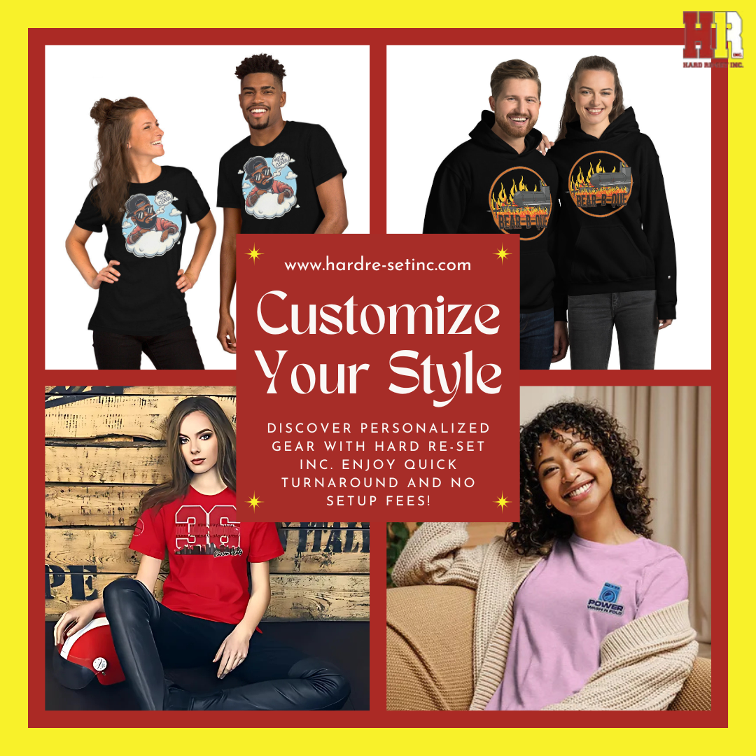 Collage showcasing diverse models wearing custom t-shirts and hoodies