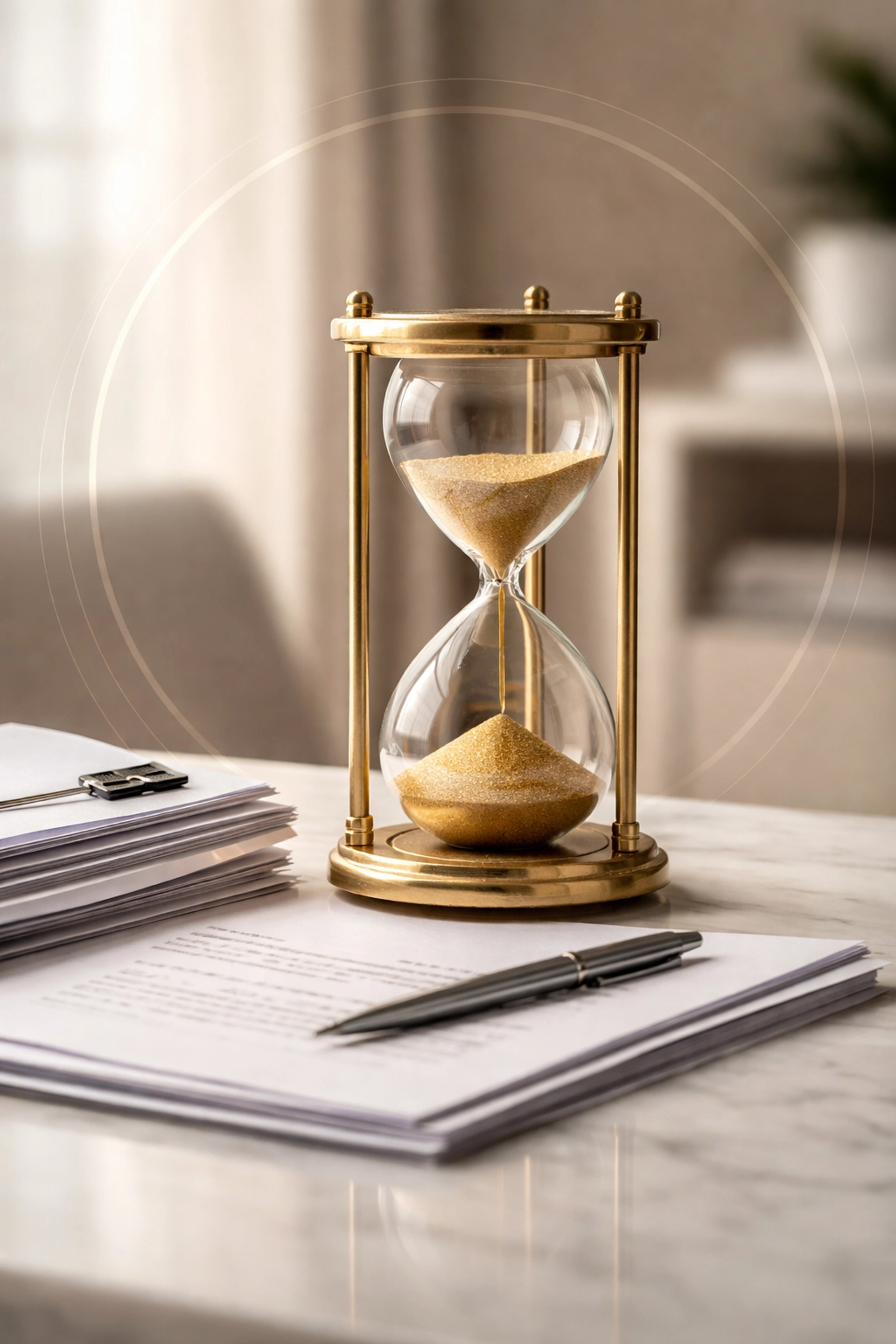 Hourglass and documents on marble, illustrating the urgency of DROP exit deadlines and financial planning