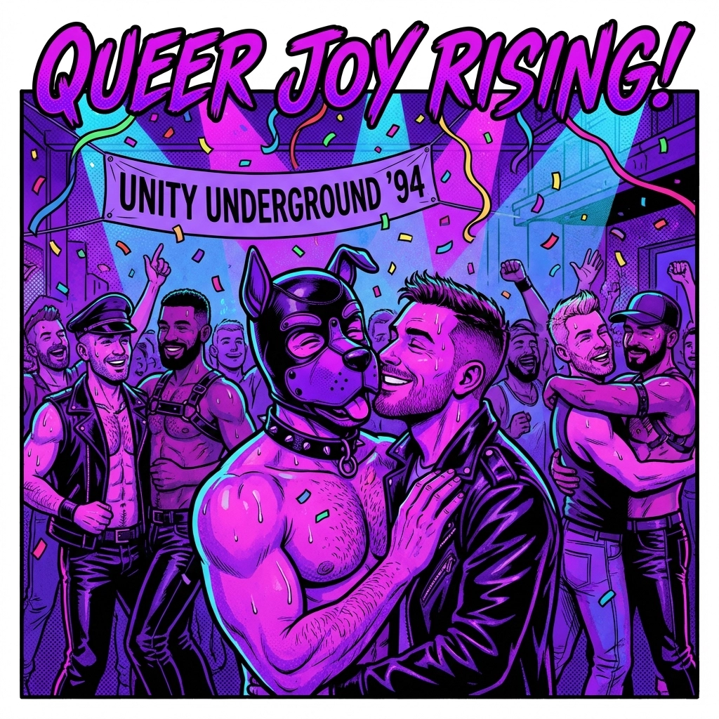 Queer men celebrating with puppy play gear in 1990s underground leather community scene