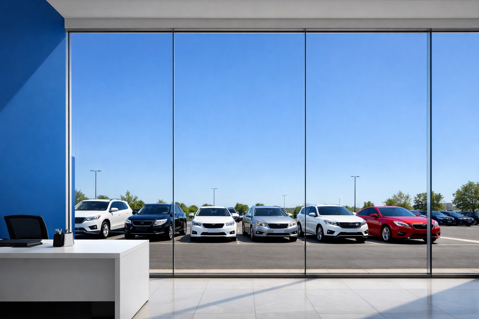 Streak-free showroom windows providing a clear view of cars at a Haverhill dealership.