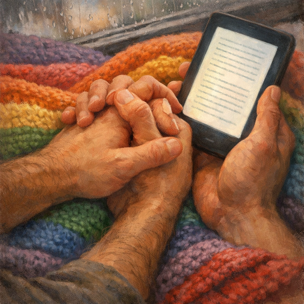 Close-up of two men holding hands while reading a slow burn gay romance on an e-reader.