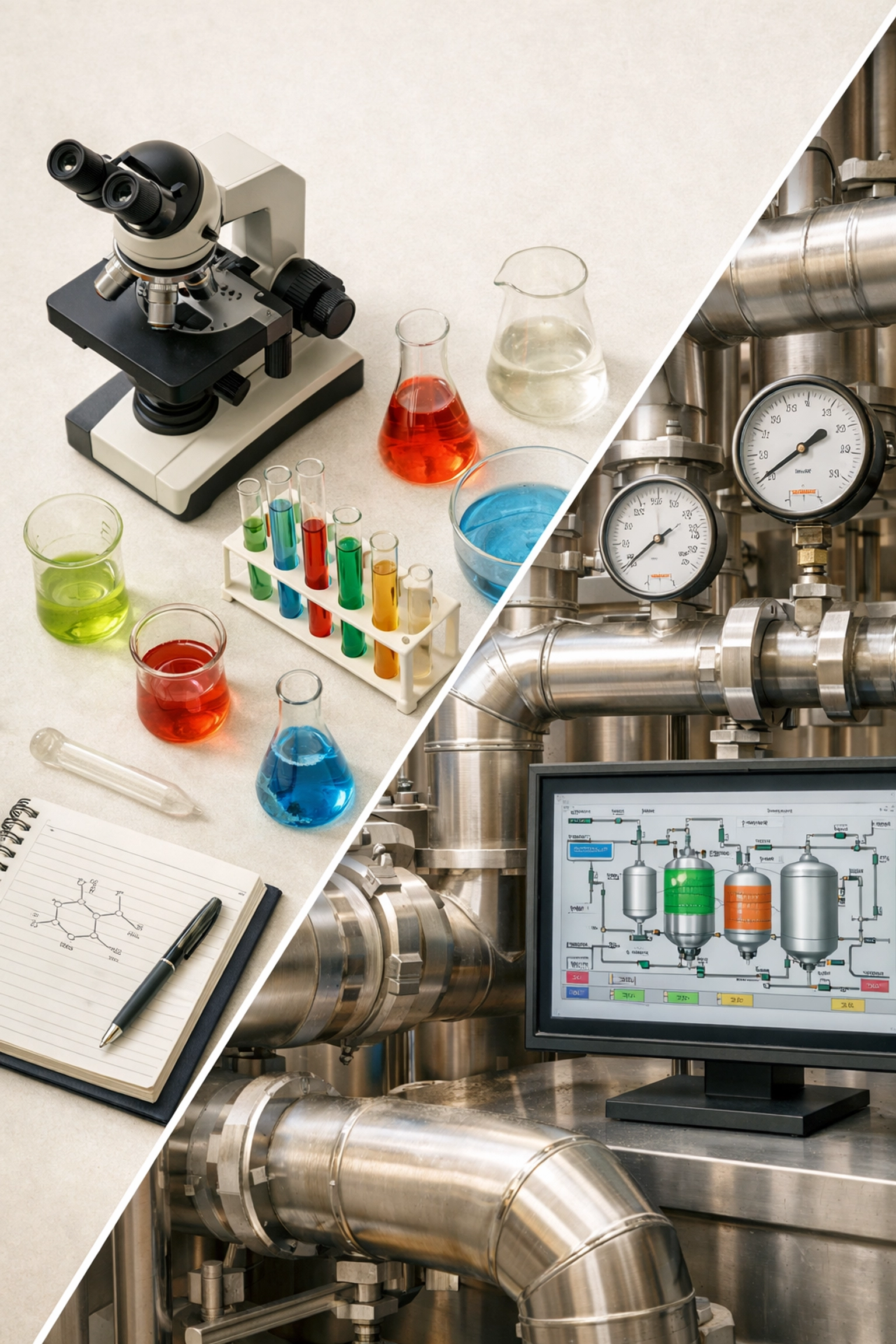 Chemistry lab workspace vs chemical engineering control room showing career path differences