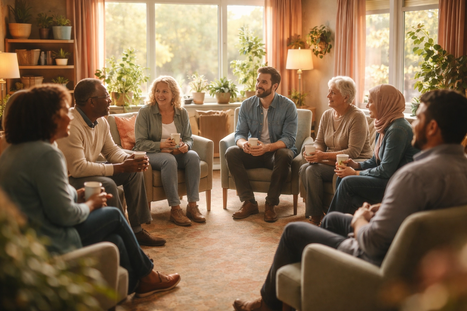 A supportive LGBTQ+ community group gathers in a bright space, reflecting inclusive legal resources.