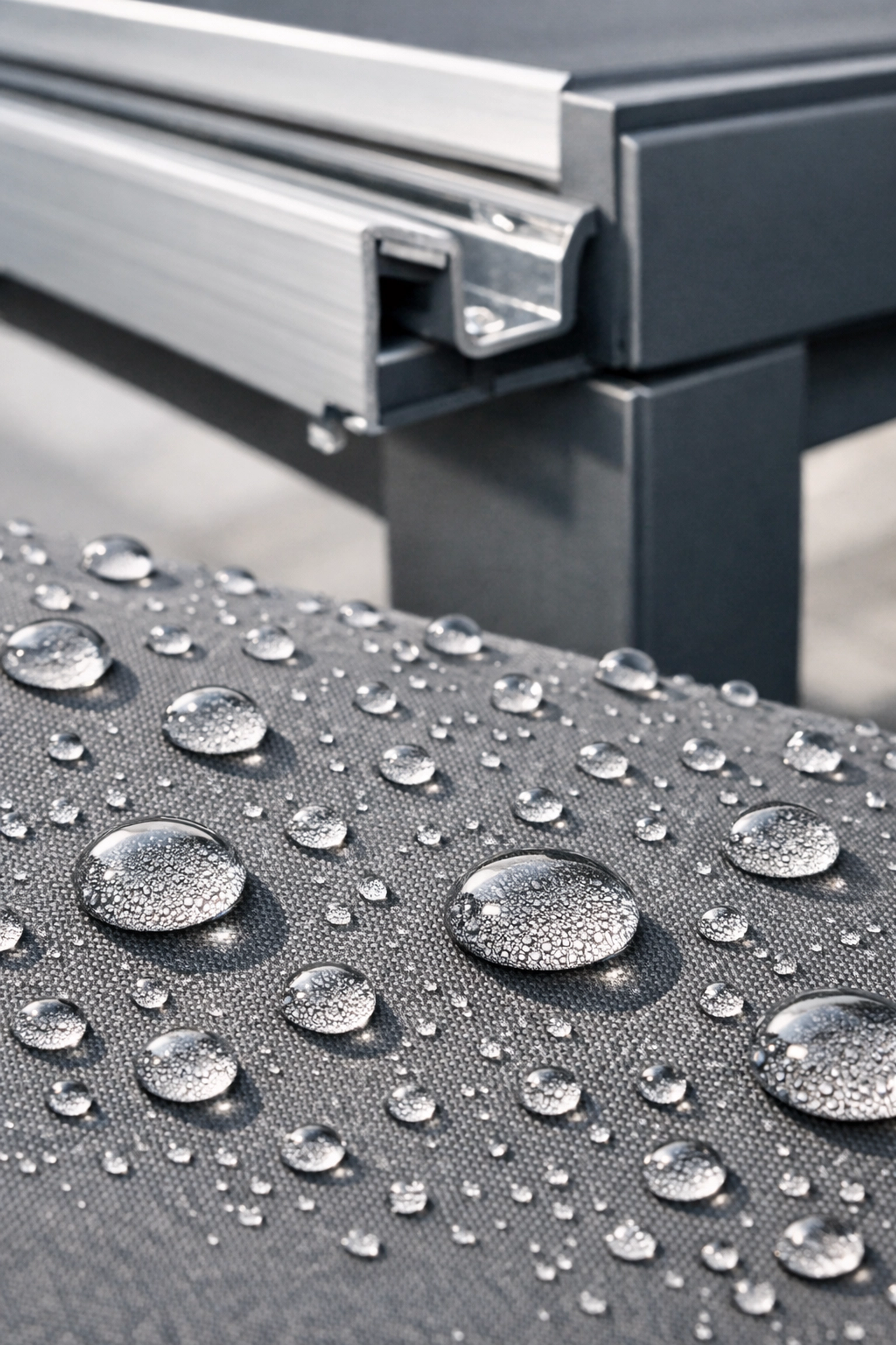 Wasserdichter Stoff einer Faltdach Pergola mit Lotus-Effekt und integrierter Regenrinne.