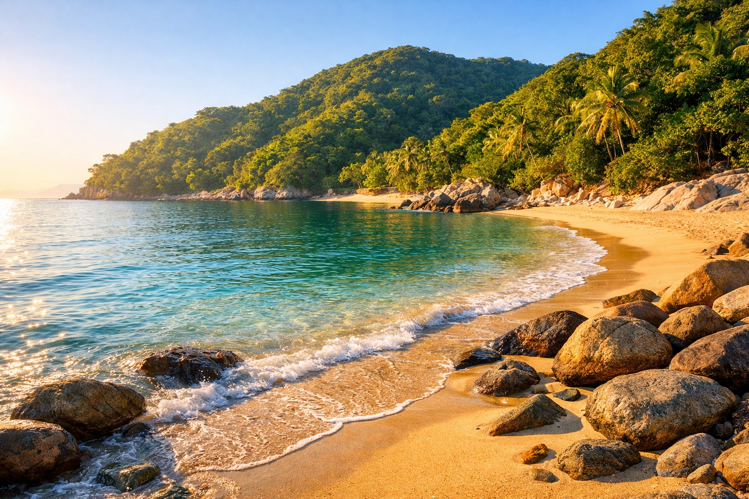 Peaceful morning at Playa Las Amapas beach in Puerto Vallarta with calm water and lush jungle hills.