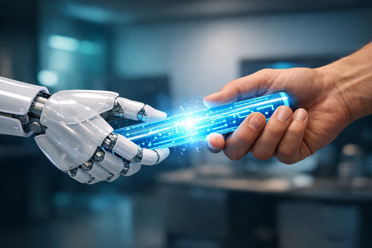 A robotic hand passing a baton to a human hand, symbolizing a seamless AI to human support handoff.