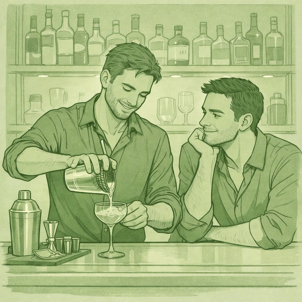 Gay bartenders crafting cocktails in modern LGBTQ+ bar with premium spirits