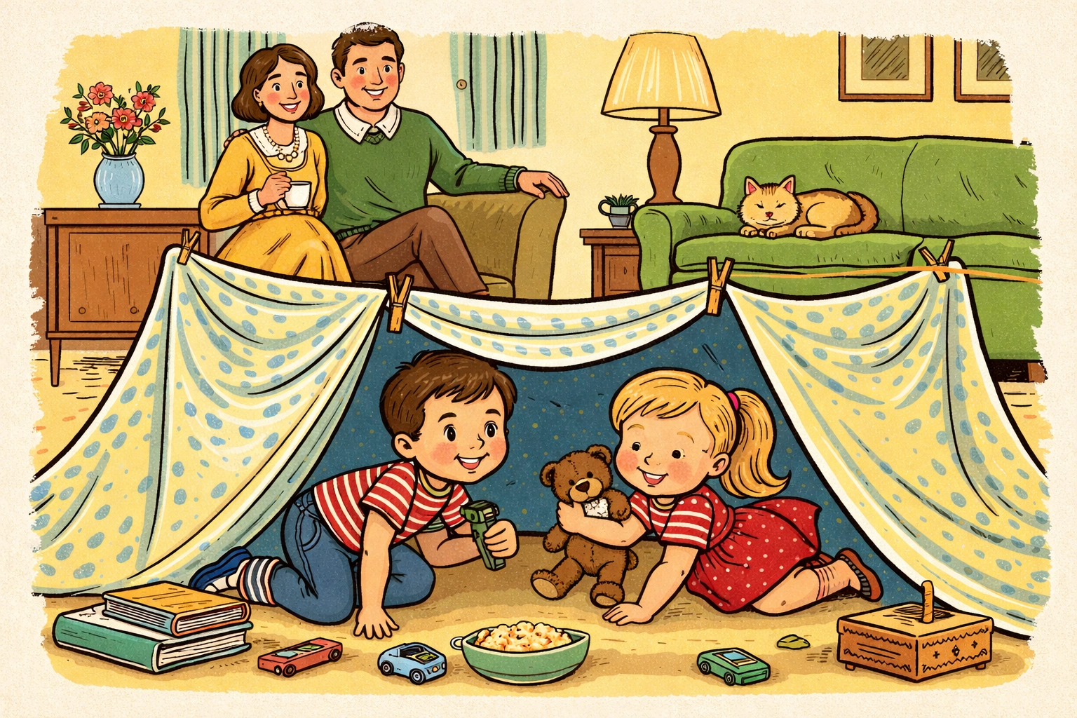 Two children build a playful blanket fort together using household items for a creative indoor camping setup.