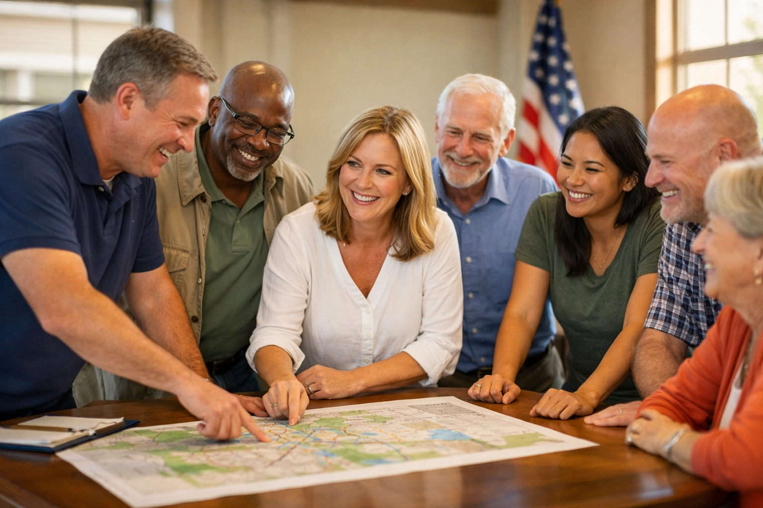 Community leaders and patriotic volunteers collaborating on civic initiatives in a bright town hall.