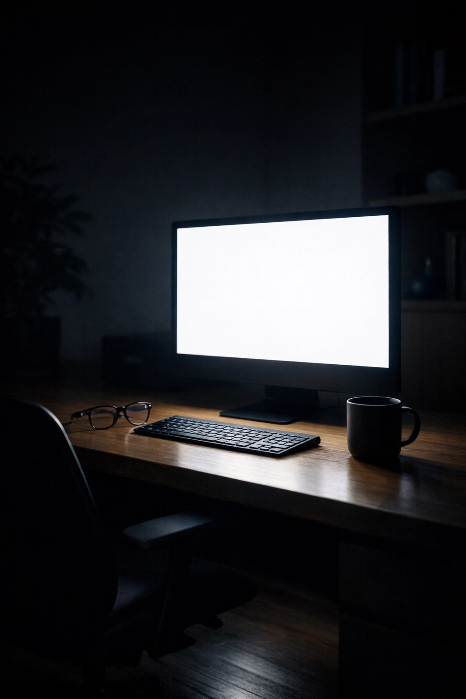 A dark home office at midnight representing the isolation and burnout of a solo entrepreneur.
