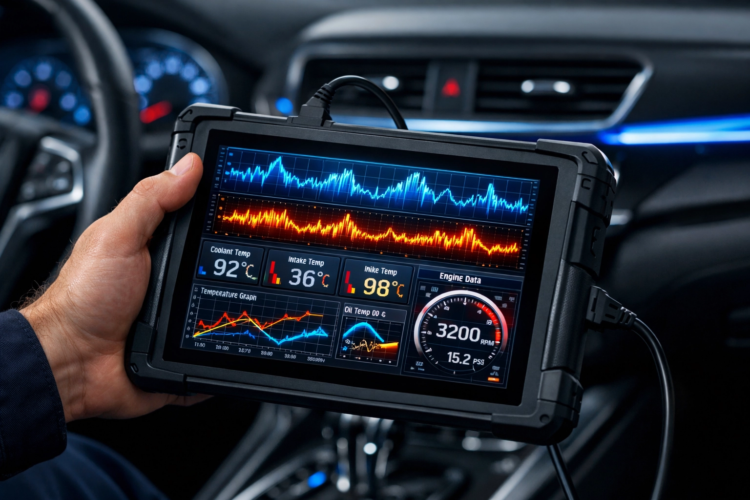 Auto technician using high-tech diagnostic equipment to find computer codes in a modern vehicle's AC system.
