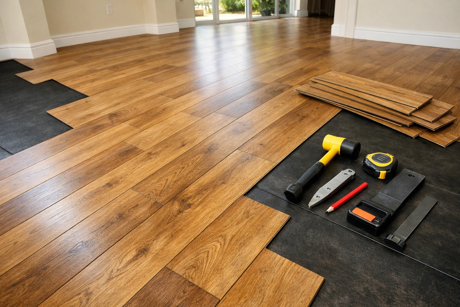 Luxury vinyl plank flooring installation Orlando showing wood-look LVP being installed