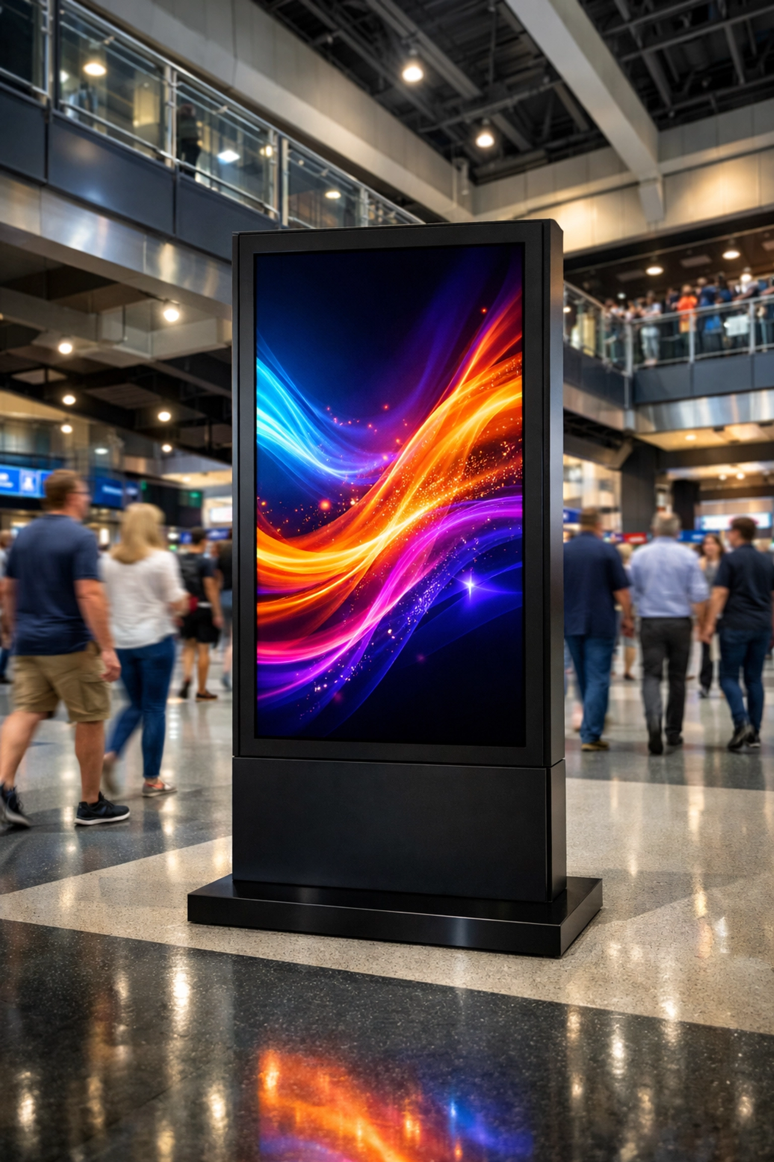 Modern digital signage kiosk in a sports arena concourse showcasing innovative venue media for national networks.
