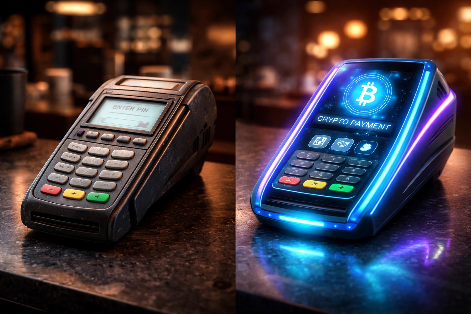 Two point-of-sale terminals showing a traditional payment system and a modern crypto POS, highlighting small business payment evolution.