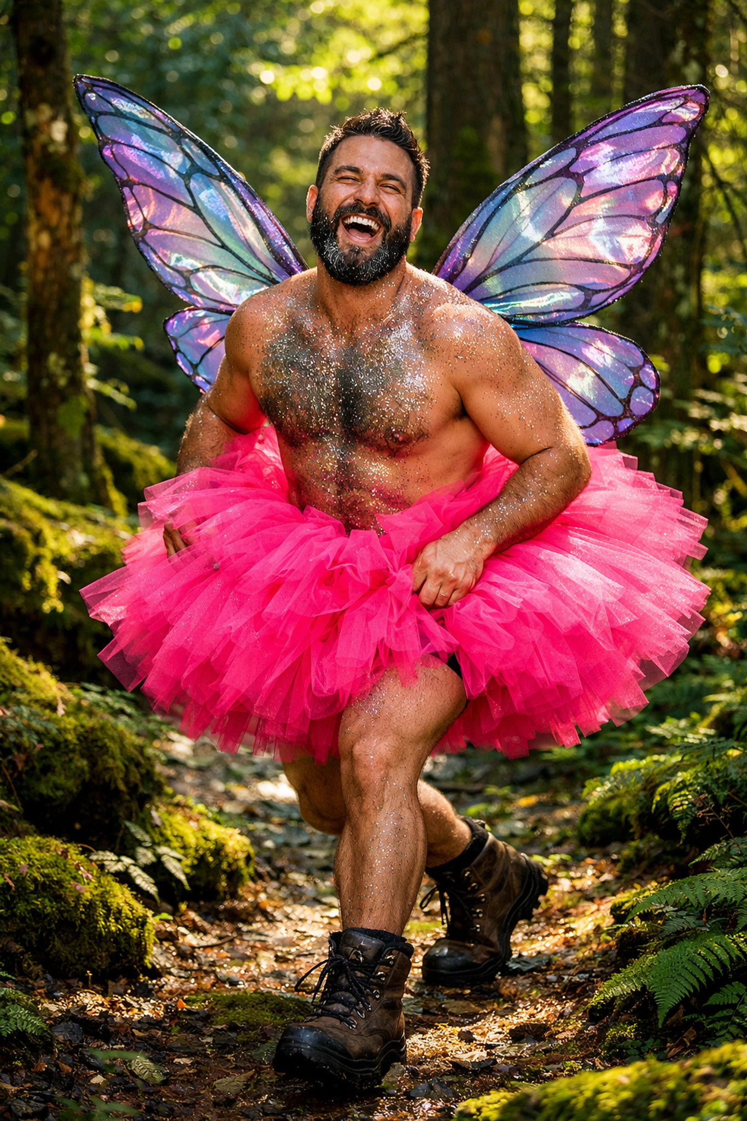 A joyful man in pink radical drag and glitter celebrating self-expression in a green forest.