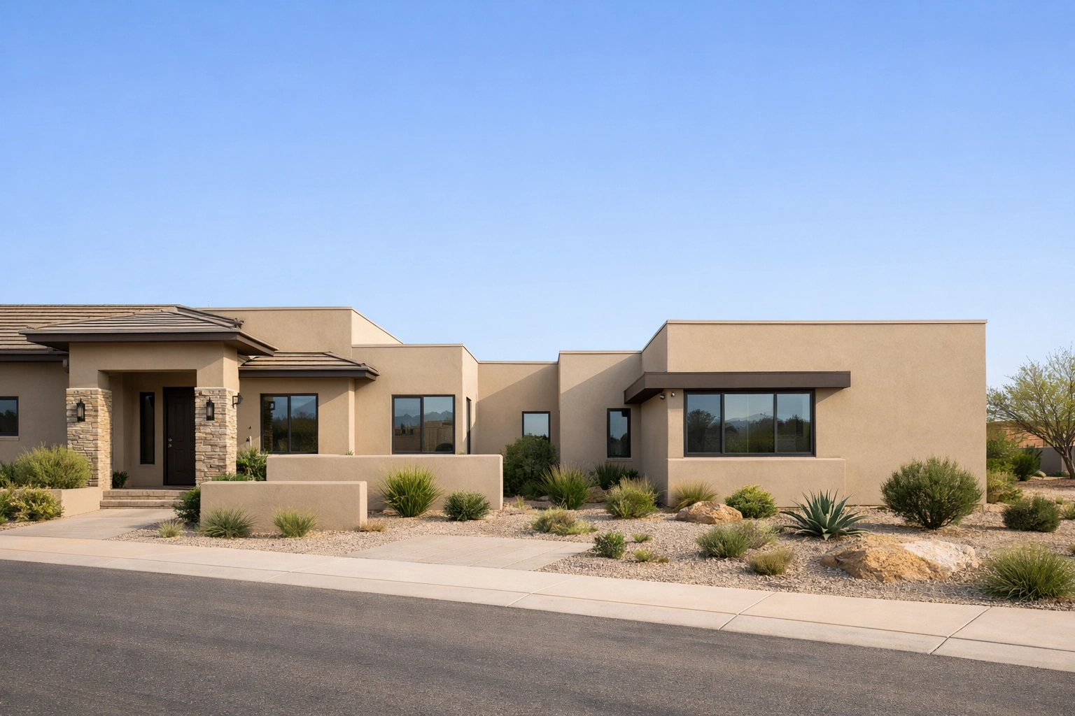 A seamless exterior home addition in a Surprise neighborhood featuring matching stucco and clean lines.