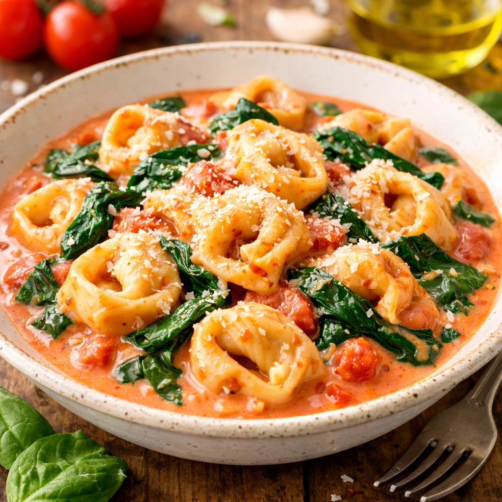 Creamy tomato and spinach tortellini in a bowl, a simple 5-ingredient vegetarian dinner idea.
