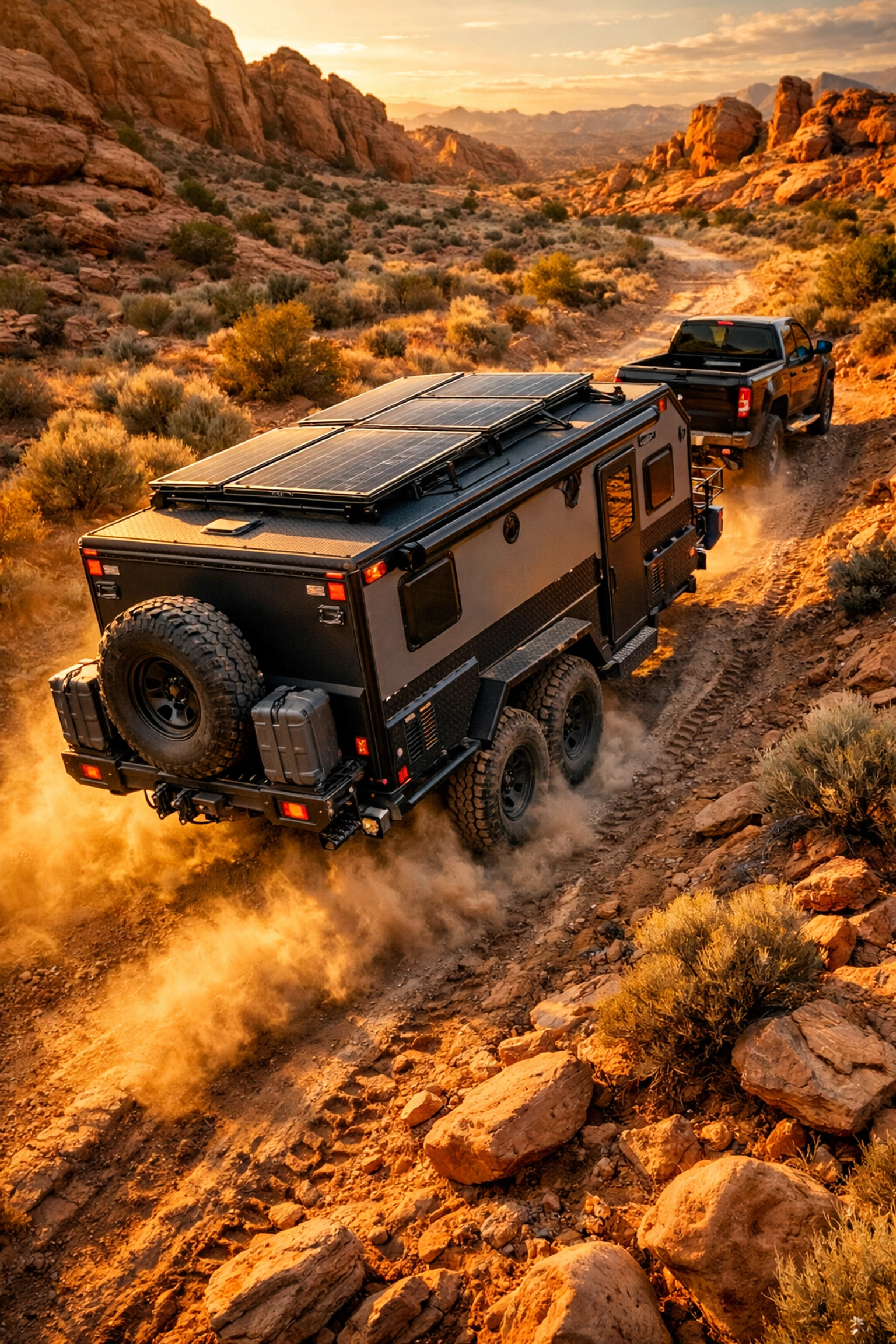 Off-road travel trailer with high ground clearance navigating rocky desert trail with solar panels