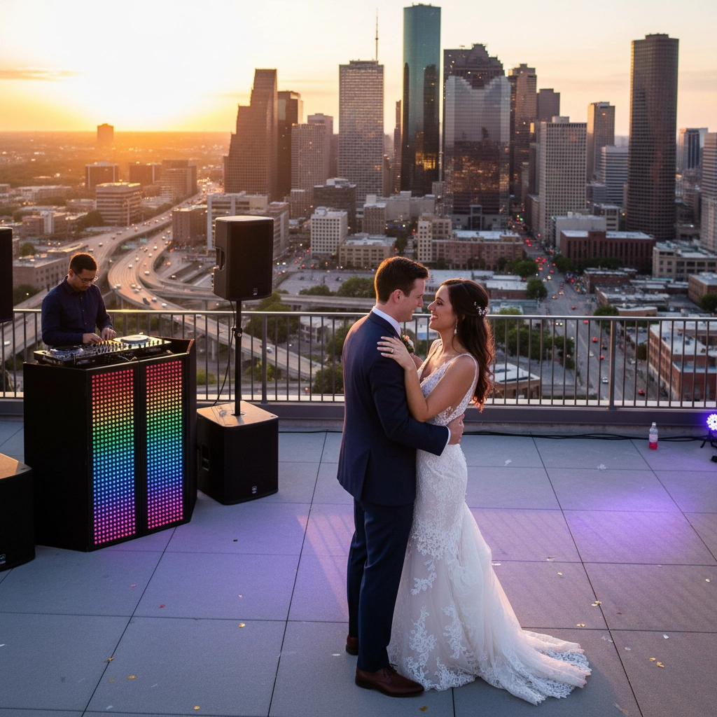 A couple dances on a rooftop at sunset, with a cityscape in the background. A DJ plays music, and colorful lights adorn the scene.