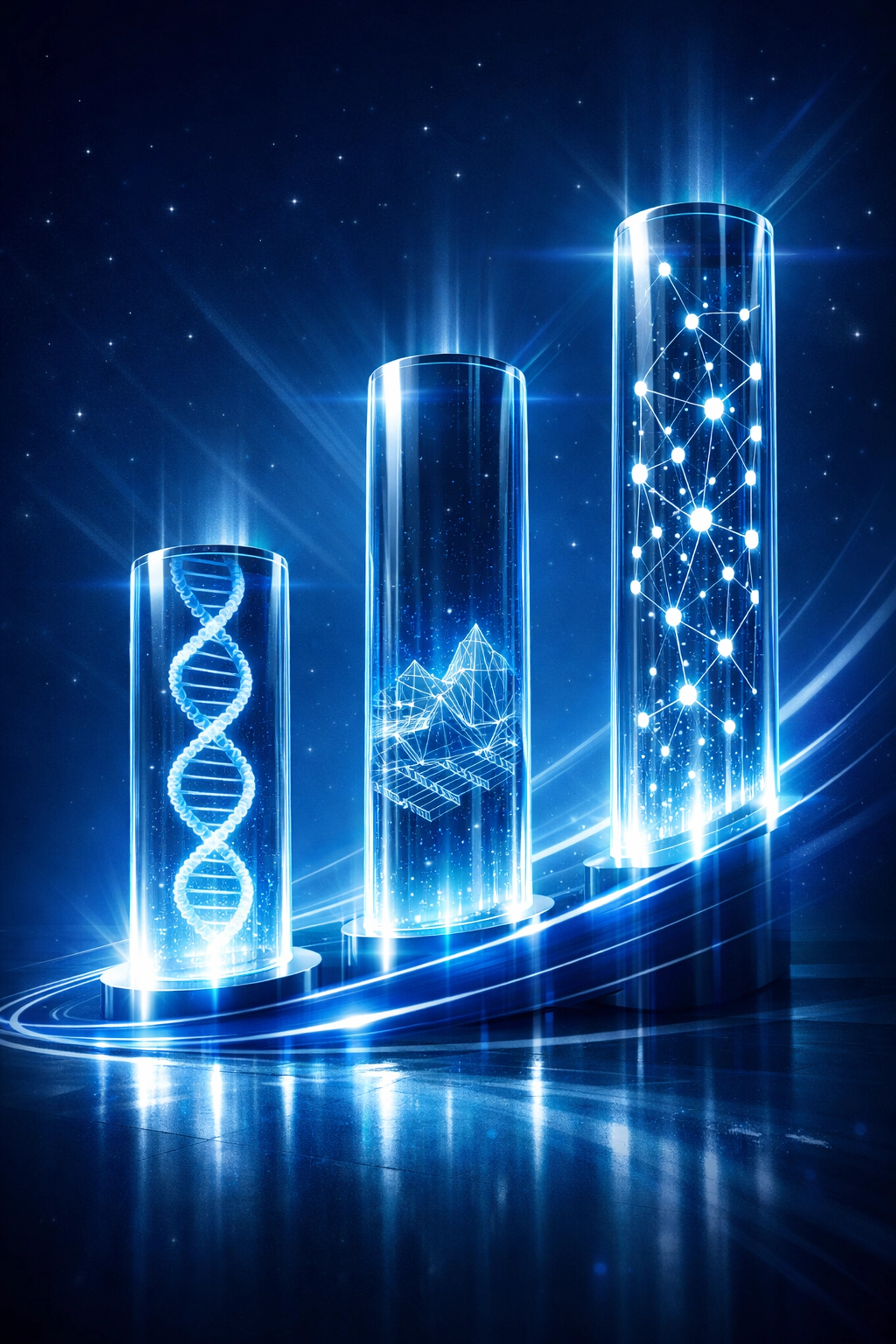 Three pillars of light representing healthcare data, operational tracking, and SEO automation strategies.