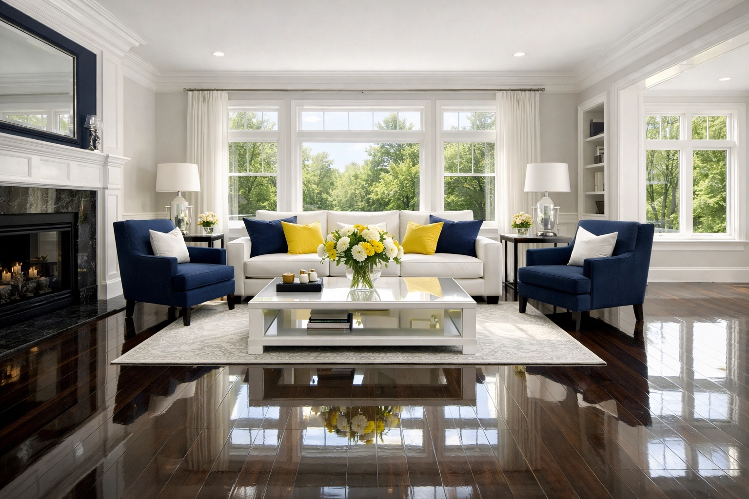 Sun-drenched living room in Townsend featuring sparkling hardwood floors after a professional deep cleaning service.