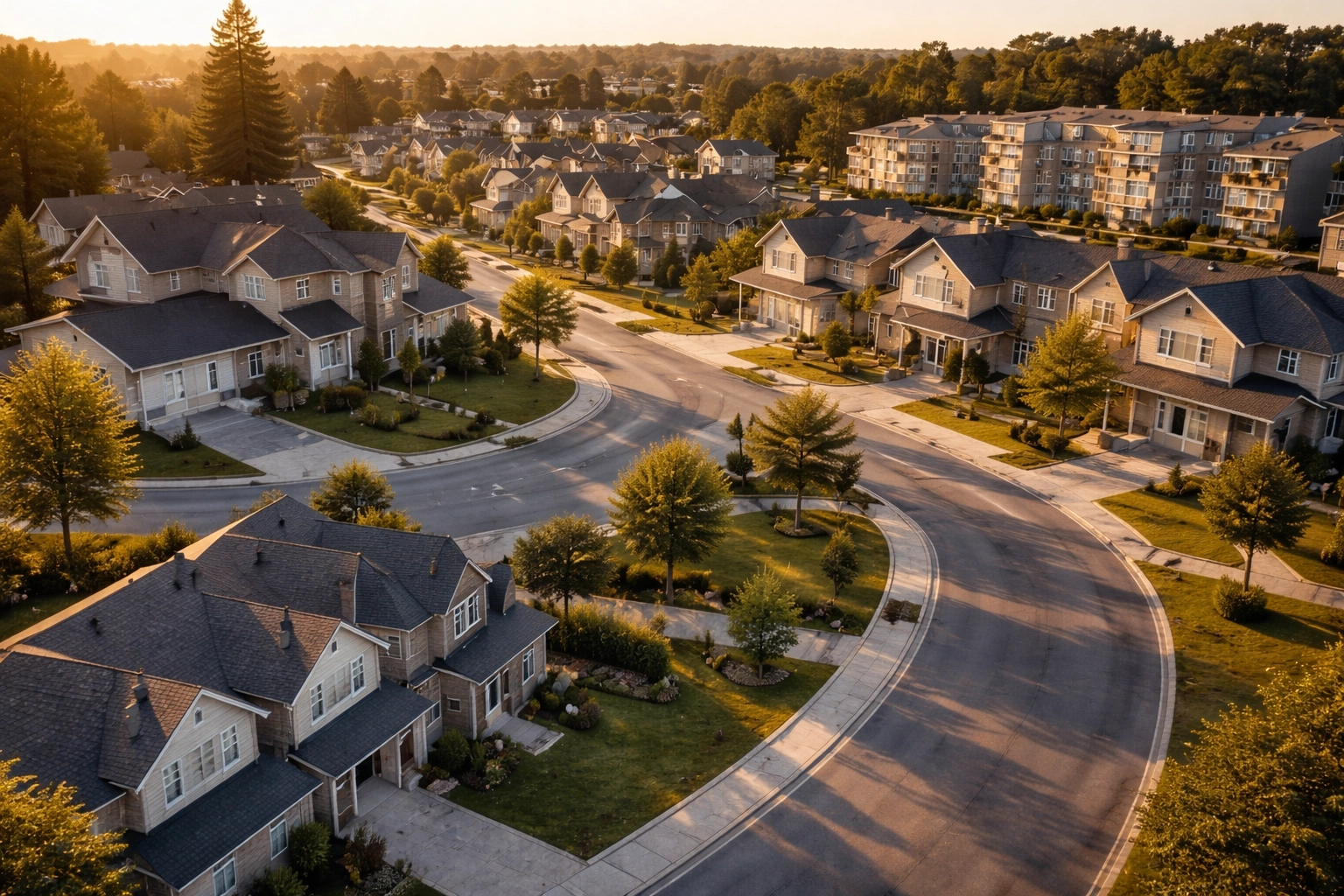 Photorealistic aerial neighborhood view representing an investment property MLS and MLS for investors searching rental opportunities.
