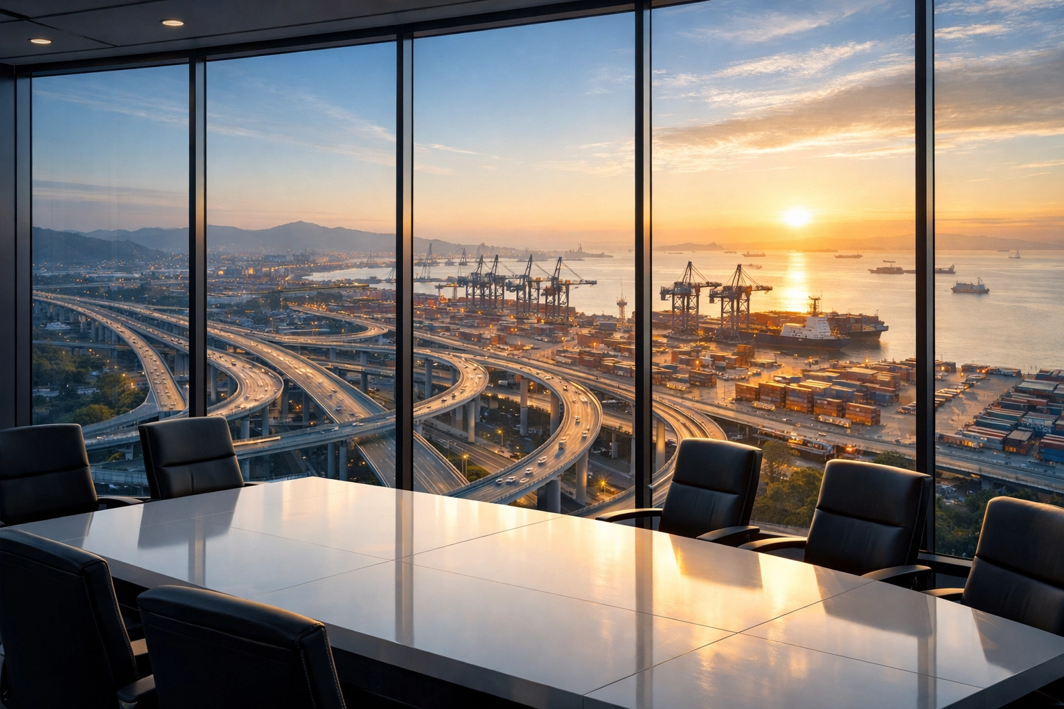Wide view of a transportation hub from a boardroom representing strategic scaling and global logistics.