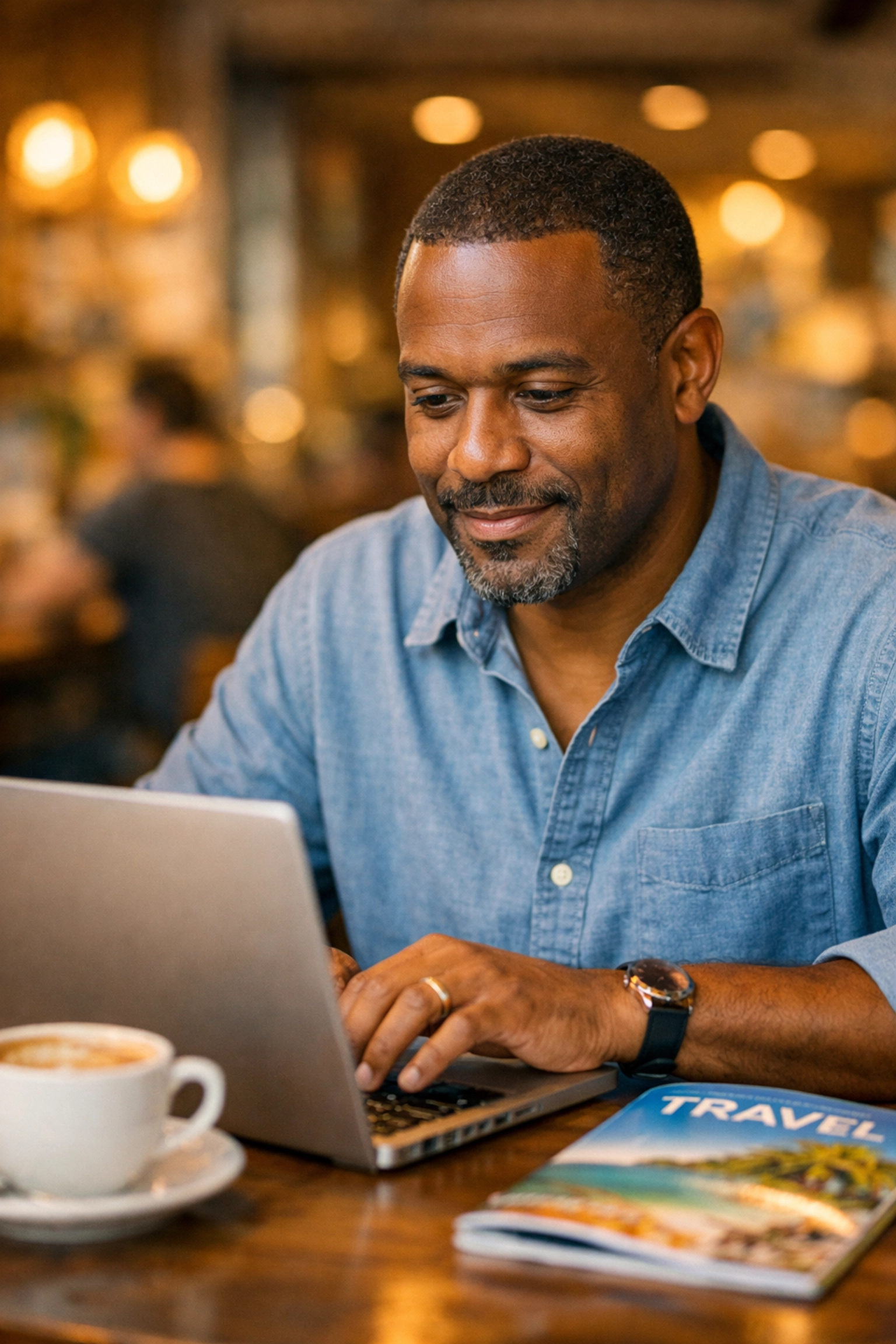 Travel agent writing personalized client follow-up email at coffee shop