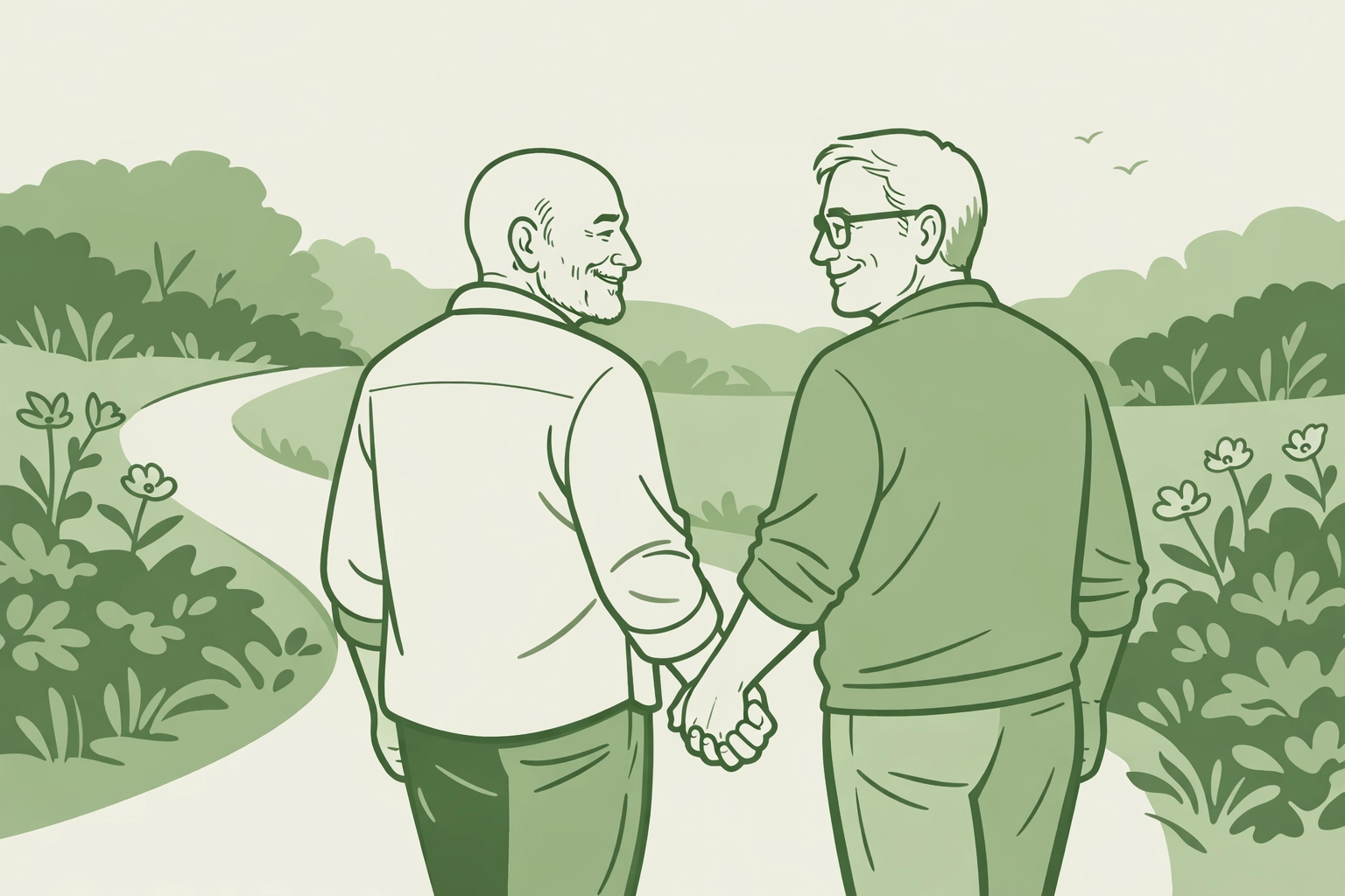 An older gay couple holding hands on a path, symbolizing courage and lifelong love stories.