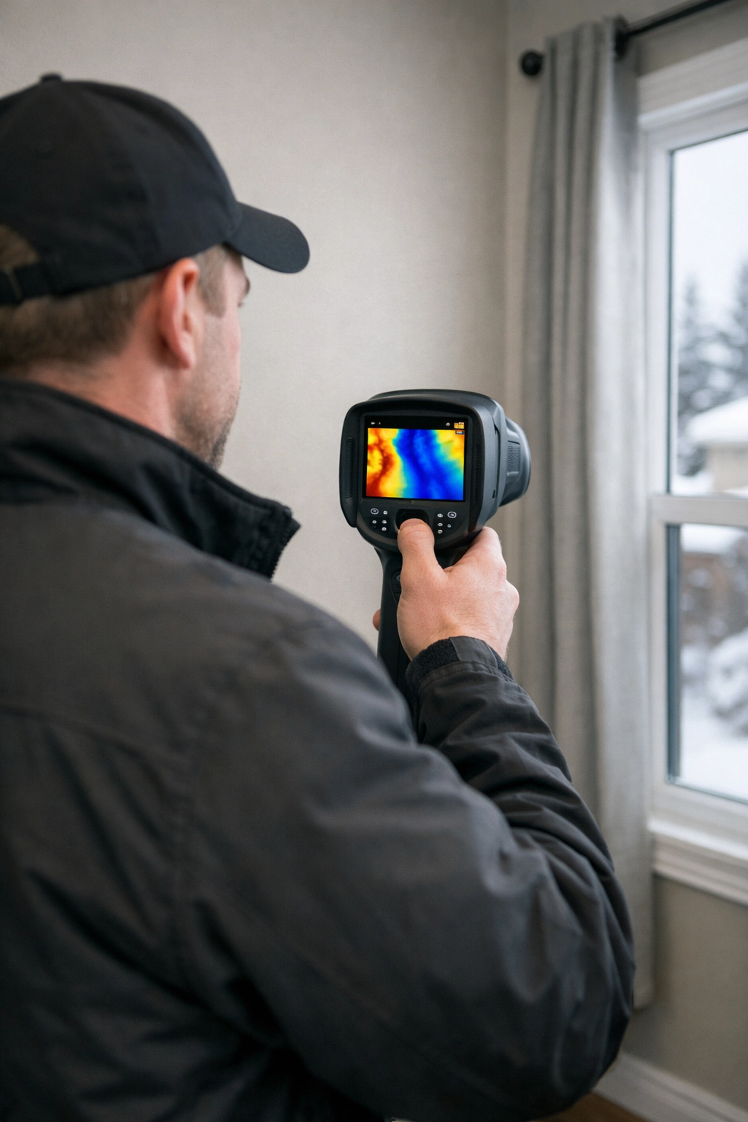 Edmonton home inspector using a thermal camera to detect hidden moisture and leaks behind a drywall wall.