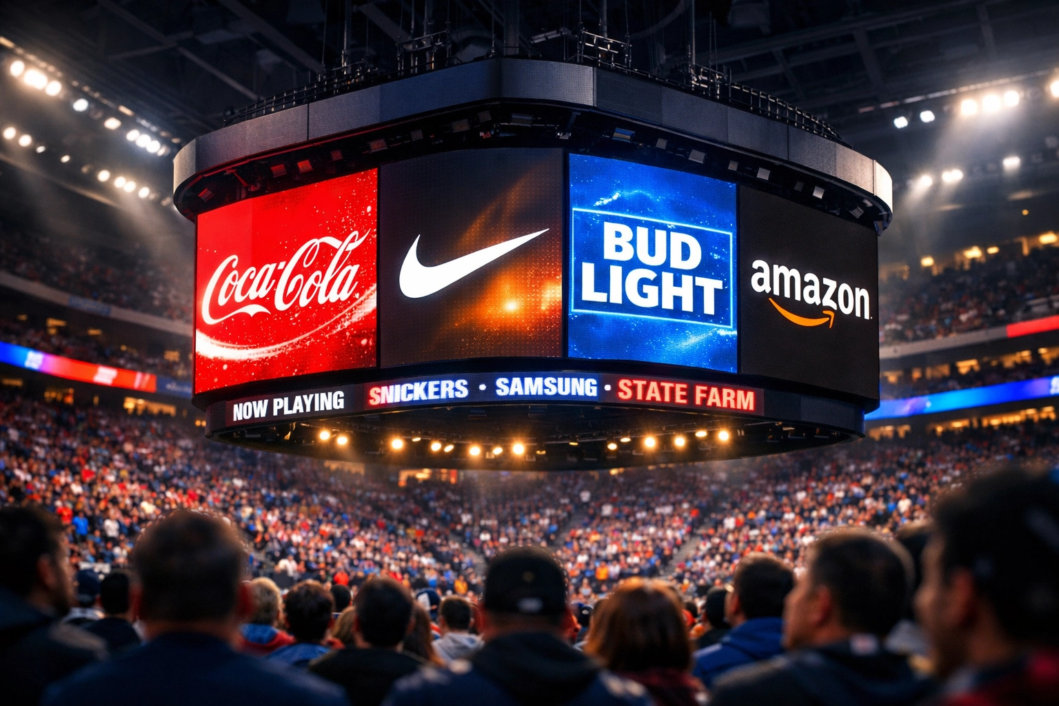 Dynamic LED display board in sports stadium showing rotating brand advertisements during live game