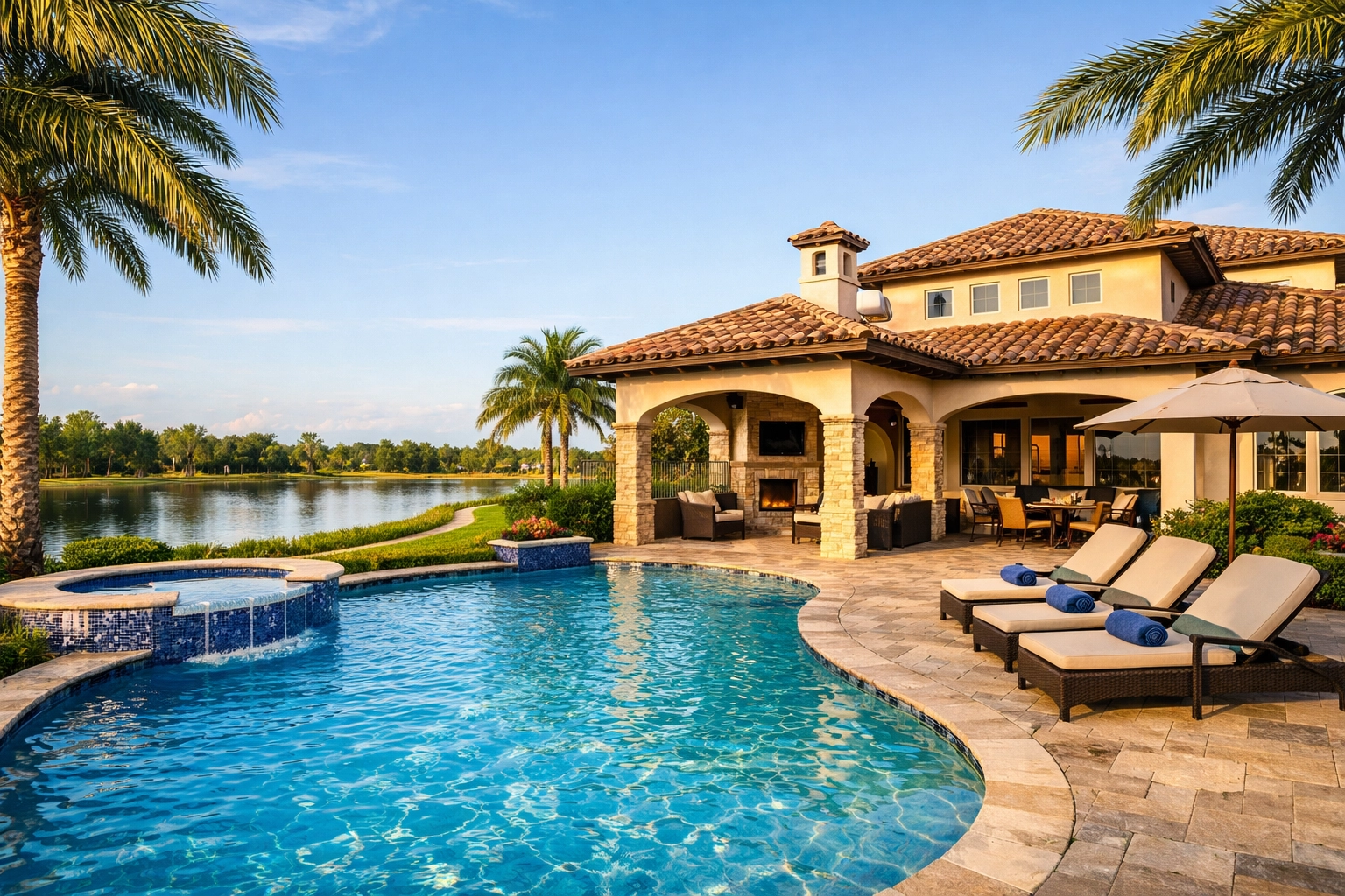Resort-style pool and lakefront home in Cape Coral gated community