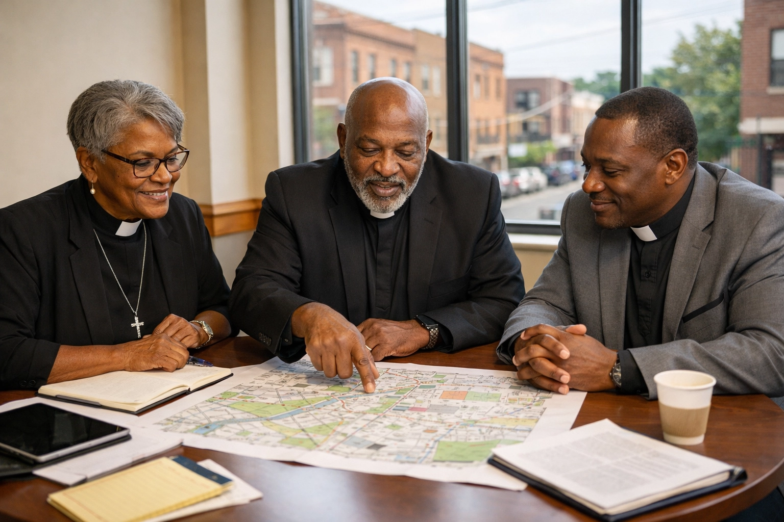 Church leaders collaborating on community strategy session with neighborhood map