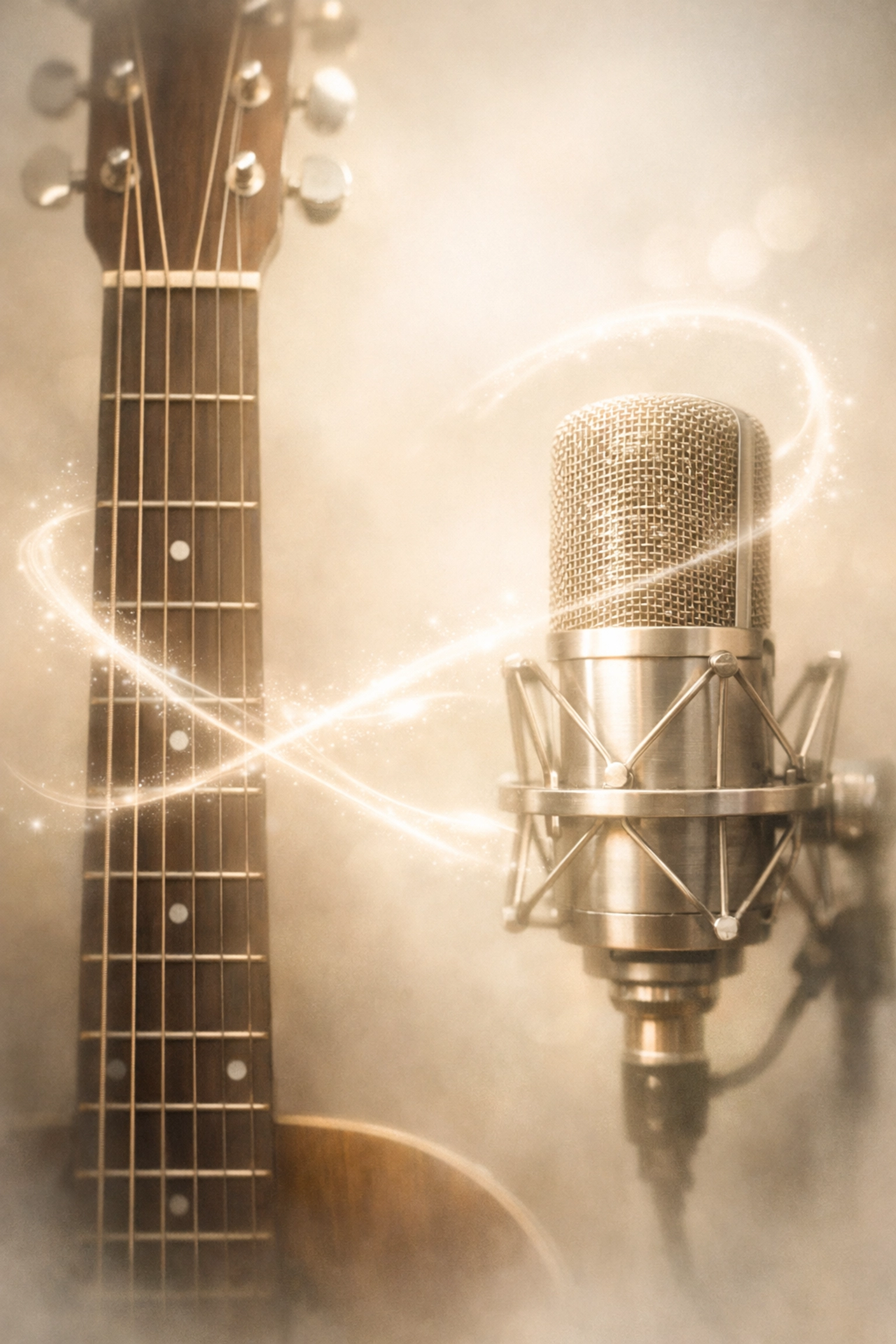 An acoustic guitar and vintage microphone illuminated by a soft glow, symbolizing spiritual unity through music.