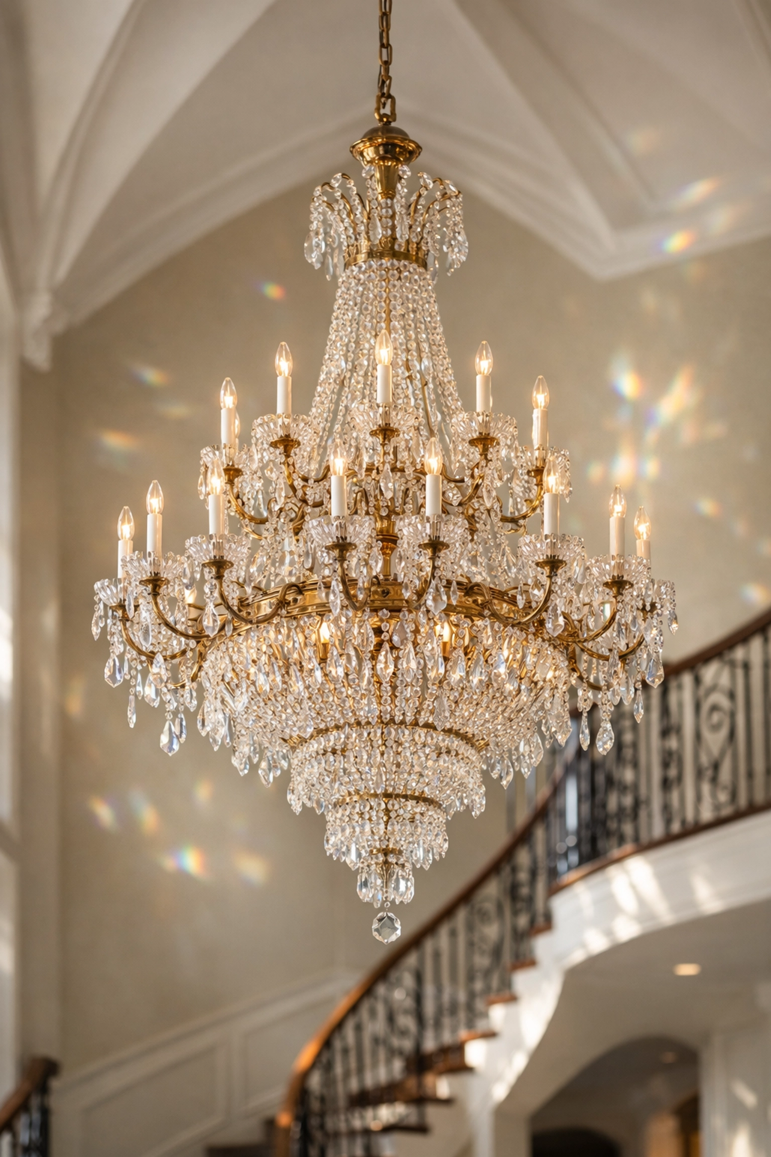 Grand multi-tiered crystal chandelier in a luxury foyer reflecting natural light after professional maintenance.