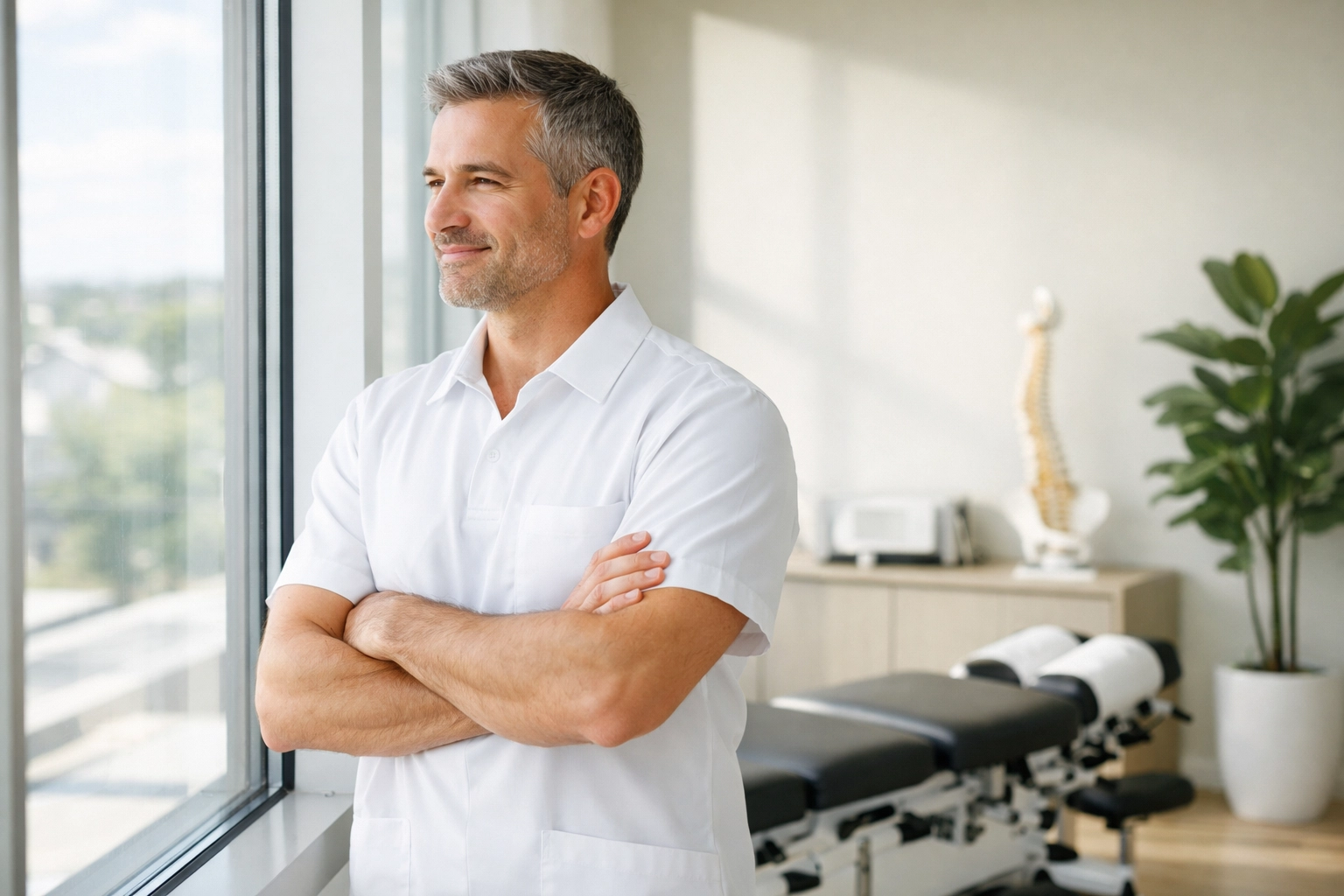 Confident chiropractor in a modern office representing local market authority and success.