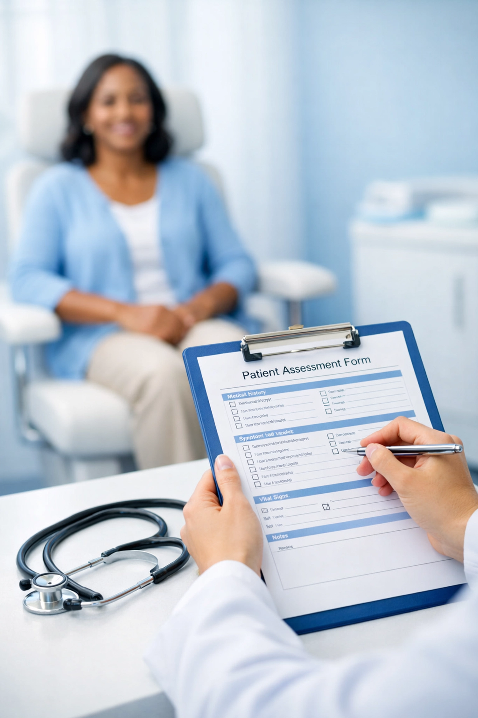 Healthcare provider reviewing medical assessment forms for personalized weight loss plan