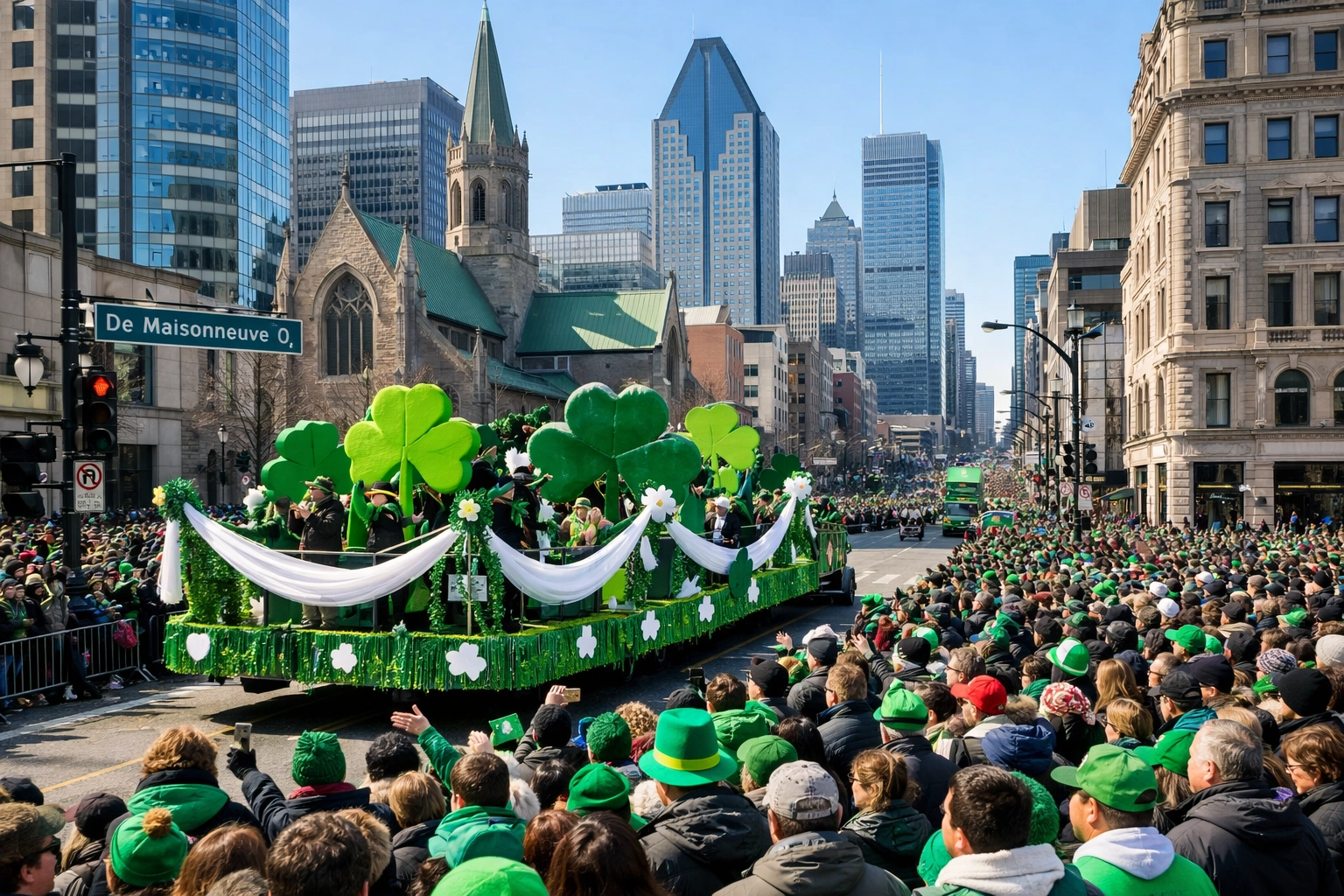 Crowds and a festive shamrock float on De Maisonneuve Boulevard during the Montreal St. Patrick's Parade.