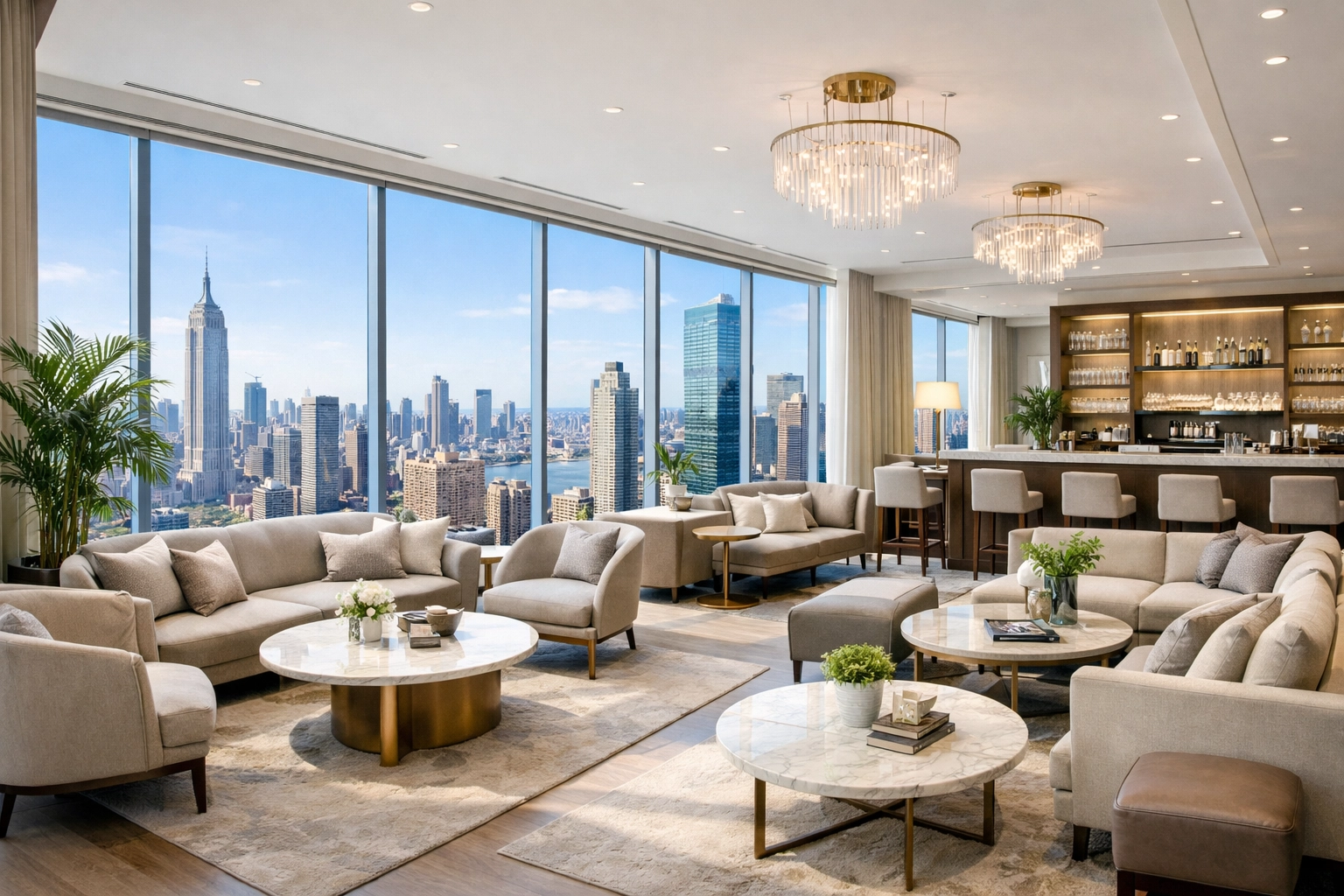 Sophisticated hotel executive lounge offering a sanctuary for Super Bowl corporate networking.